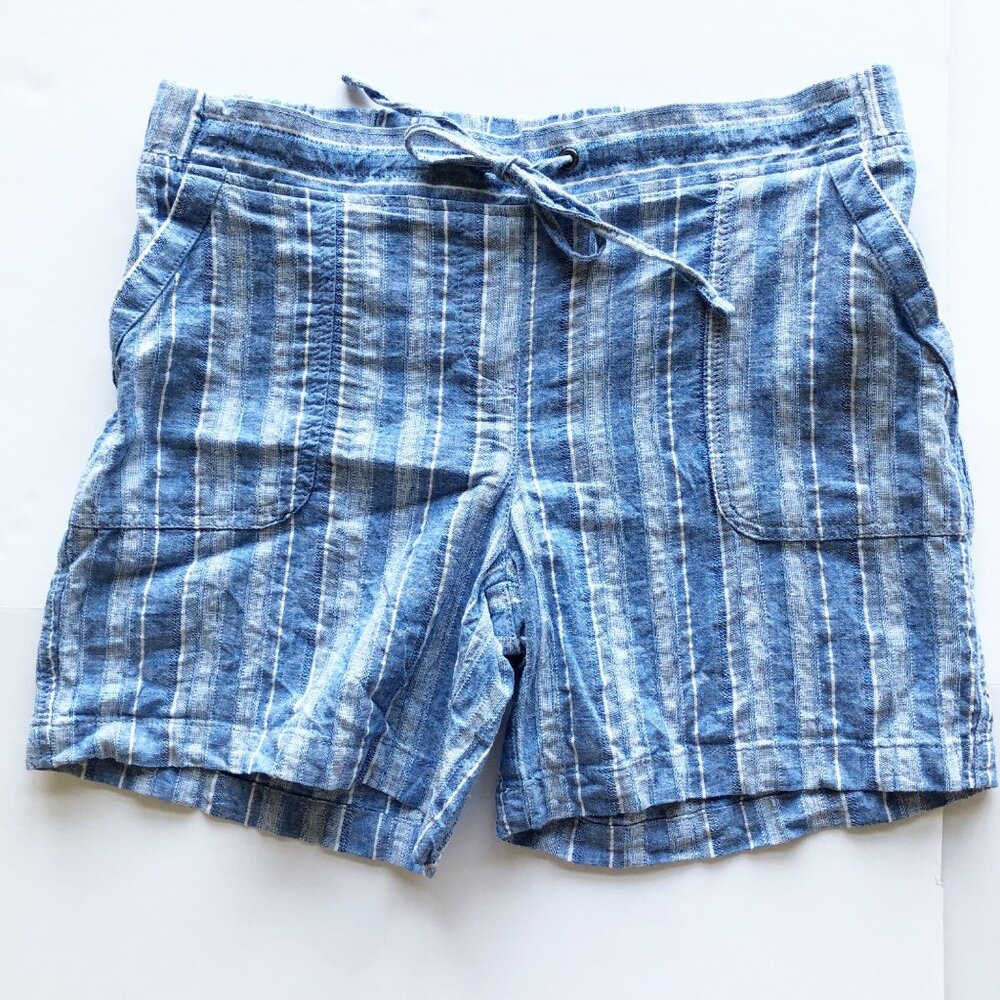 TALBOTS Shorts Womens 10 Petite Blue Striped Linen Drawstring Summer